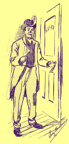 Pen and ink sketch by Percy E. Anderson, of a man in a suit with a cutaway coat is standing at an open door, with his hand on the knob.