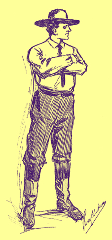 Pen and ink sketch by Percy E. Anderson, of a man standing with his arms crossed looking to the left.  He is wearing a hat, and his pants are tucked into boots.