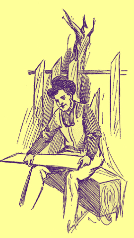 Pen and ink sketch by Percy E. Anderson, of a man seated on a square log, holding a board on his lap.