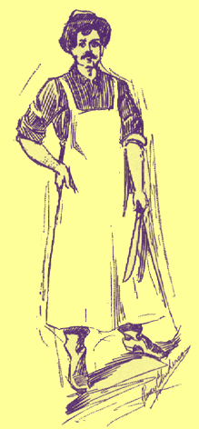 Pen and ink sketch by Percy E. Anderson, of a man standing, holding a long butcher's knife.  He is wearing a long apron and his sleeves are rolled up.