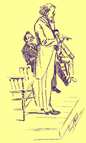 Pen and ink sketch by Percy E. Anderson, of a balding, bearded man standing on a platform, wtih two men seated behind him.