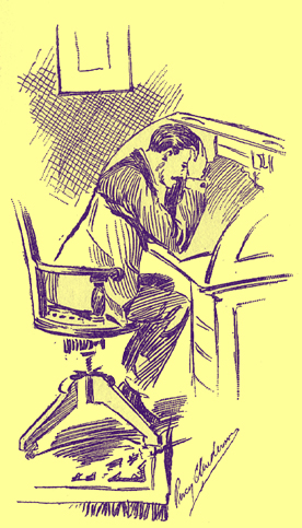 Pen and ink sketch by Percy E. Anderson, of a man seated at a rolltop desk, holding his head between both hands.