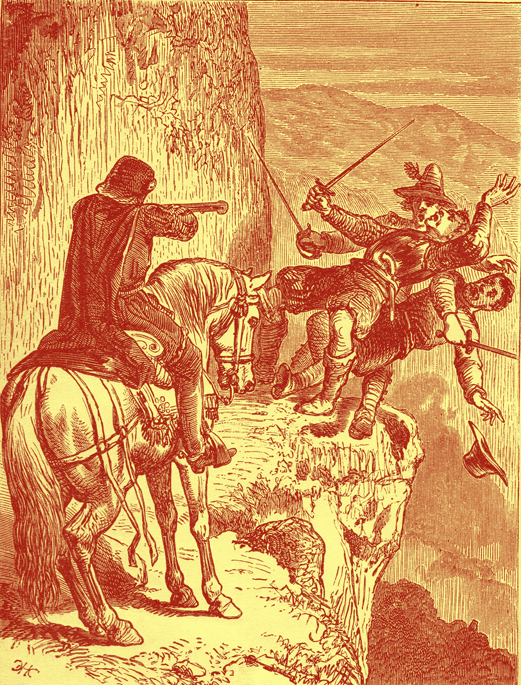 Illustration by E. H. Corbould.  Engraving of a figure in man's clothing on horseback, aiming a blunderbuss at 3 men on foot on a narrow path running alongside a high mountain.  Apparently the gun has been fired because the surprised men are seen to be starting to fall off the path, as the first man shot falls backwards onto them, making them lose their balance.