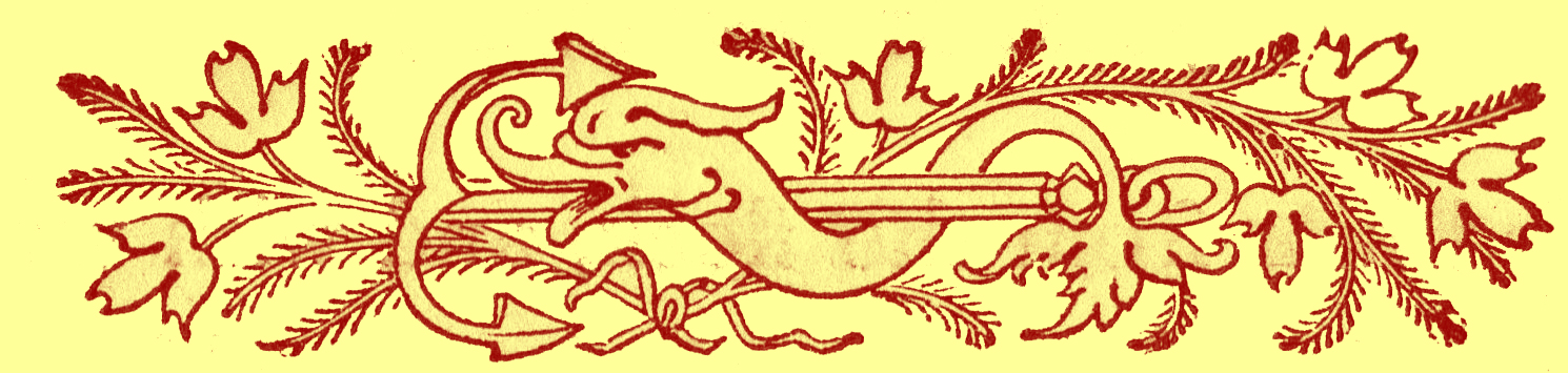 stylized border print of a dolphin coiled around a trident, in the center, surrounded with flowers and interlacing leaves