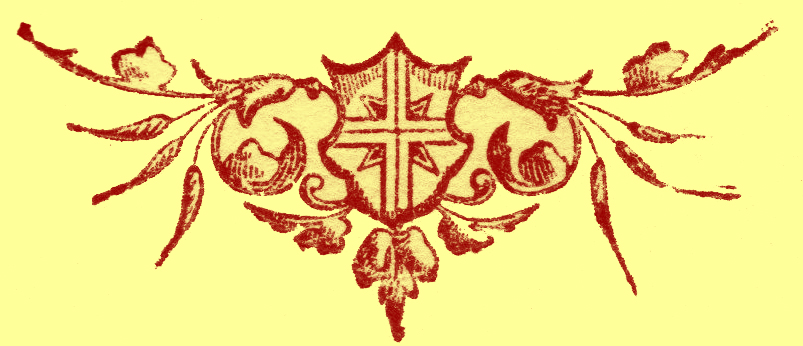 stylized end-piece logo of a cross on a shield surrounded with sprays of leaves on each side.