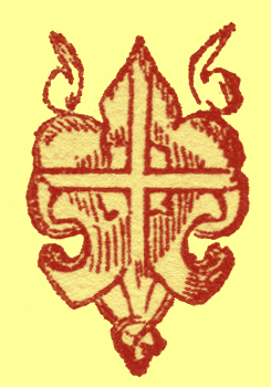 Small engraved emblem or logo of a cross surrounded with ribbons.