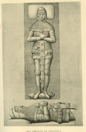 Black and white Engraving Effigy on the tomb of Don Bernudo de Anglesola, he is dressed in mail, and is holding a sword in his hand. From the first half of the 14th century.