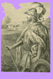 Engraving of Don Enrique de Trastamara, afterwards Don Henry II of Castile.  He is wearing a helmet with the visor up, and has a very closely trimmed beard, is carrying holding a sword in front of him and his other hand is on a wheel.