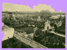 Black and white photograph of the Alcazar Gardens in Seville, Spain, in the early 1900's.