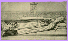 Black and white drawing of the effigy on the tomb of Doña Juana, Condessa de Trasamara, later Queen Juana, her head is supported by 3 pillows.