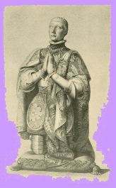 Engraving of a portrait of Peter the Cruel, kneeling on a cushion, with his hands held together in prayer, he is bare-headed, with short hair and no beard and is wearing a cloakor mantle over his garments.