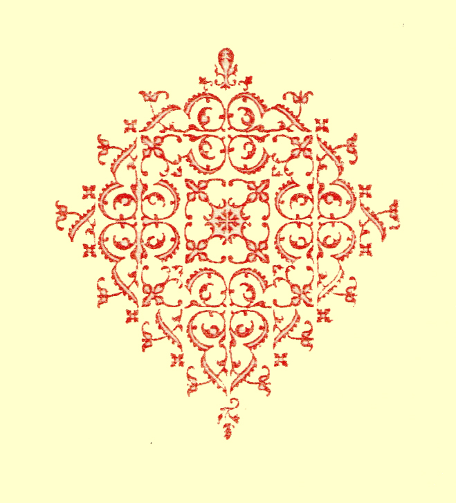 Tail-piece engraving of a red diamond made of scroll-work.