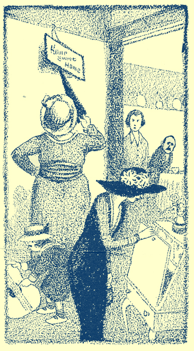 Cartoon, by Frank King, of a two woman and a child inspecting a kitchen with a frowning couple in the room behind them.