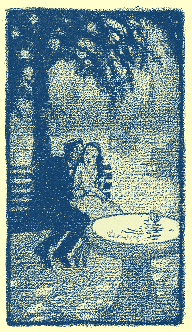 Cartoon, by Frank King, of a man and a woman hugging on a bench under a tree by a fountain.