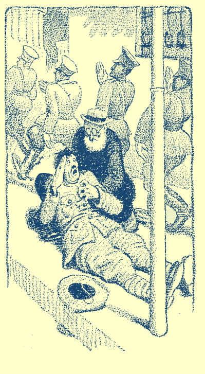 Cartoon, by Frank King, of a man in uniform lying on the ground with an old bearded man supporting his head.  The collapsed man is saluting while four men in a row are walking past him in the background - all saluting as well.