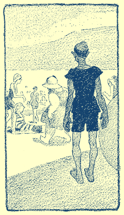 Cartoon, by Frank King, of the backview of a man looking at women of all shapes and sizes on a beach in swimsuits.