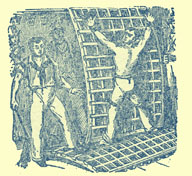 Black and white engraving of a man with bare upper torso tied to a grating, with a sailor to the side holding a whip.