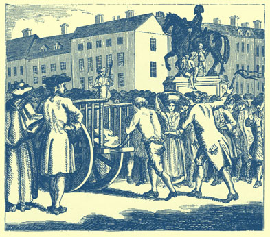 Black and white engraving of a  Stroud walking tied behind a cart, with a man in long coat following and whipping him.  Of course, many bystanders look on.  Buildings can be seen in the background.