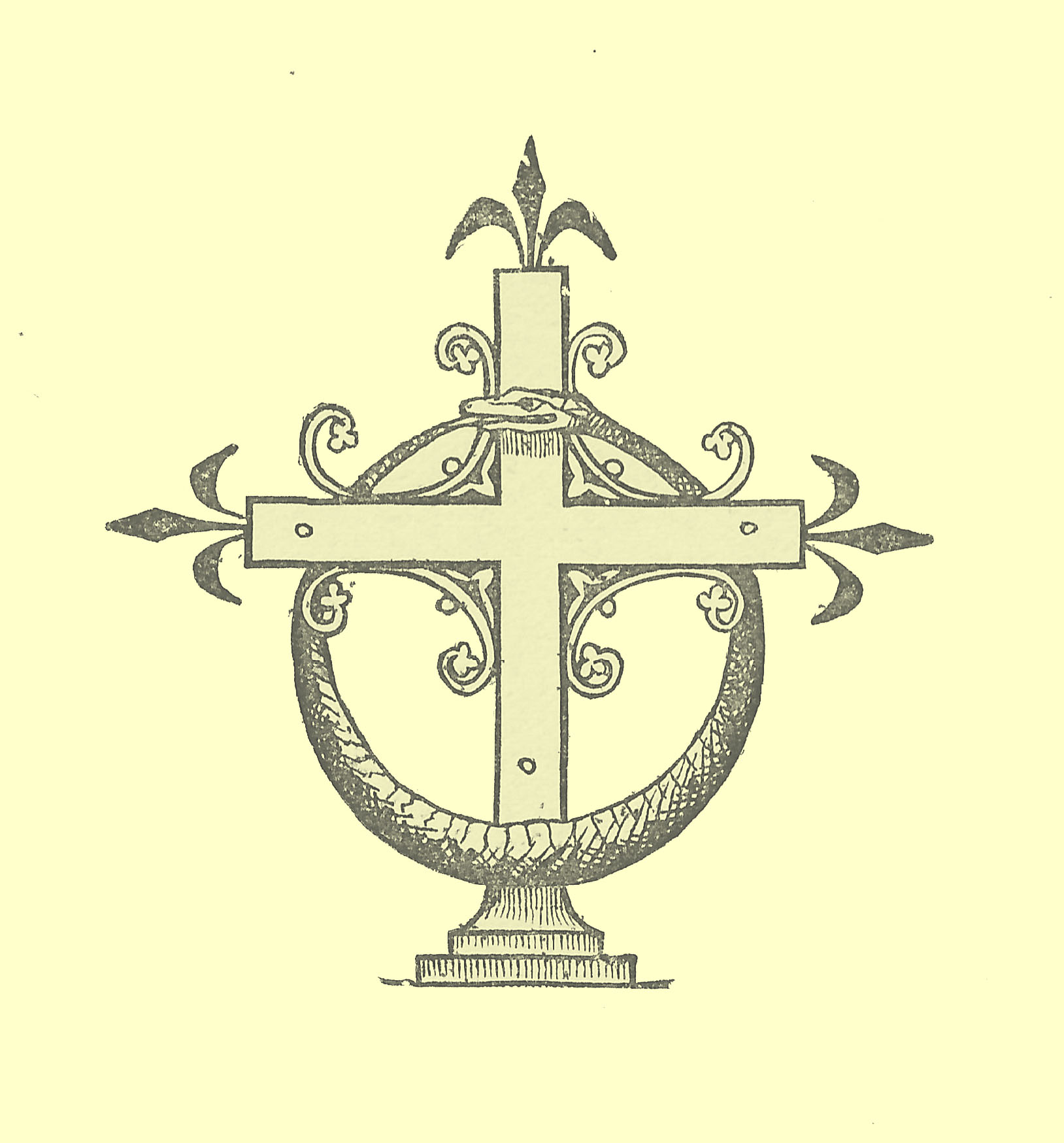 Black and white engraving of the logo for the Series Ancient & Modern Library of Theological Literature, of a decorated cross with a Serpent coiled end to mouth as a wreath hanging from it.