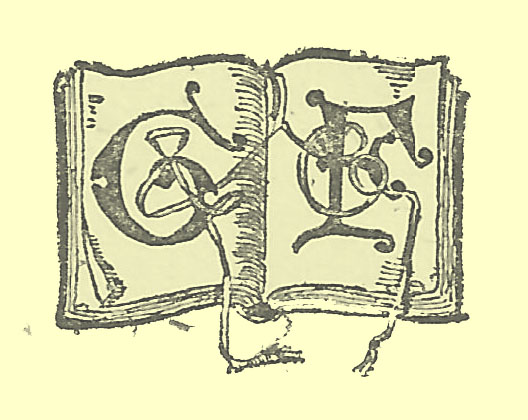 Black and white engraving of the publisher's logo with the initials F and a G in on the pages of an open book, standing for the firm Griffith and Farran.