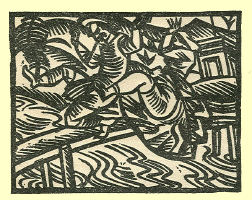 Woodcut of a man carrying a woman over a bridge