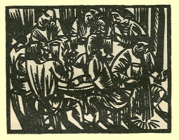 Woodcut of a group of men seated around a table