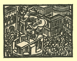 A woodcut of a man on a tall tower mooning the people crowded below