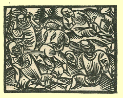 Woodcut of a seated group of men looking on at a man who has bared his behind and is obviously passing wind