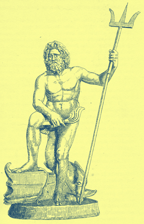 Black and white engraving of the Lateran Poseidon, with one foot raised and resting on a beam, and a trident in his hand. 