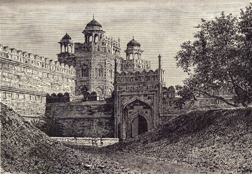 Black and white engraving of The Palace of Shah Jehan, India, taken in the late 19th century.