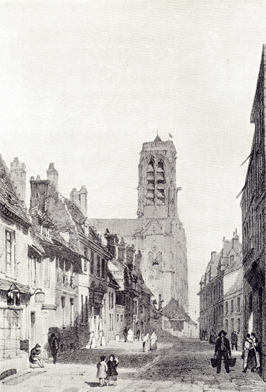 Black and white drawing by T. S. Boys of a street in Soissons, in the 19th century, with medieval buildings.