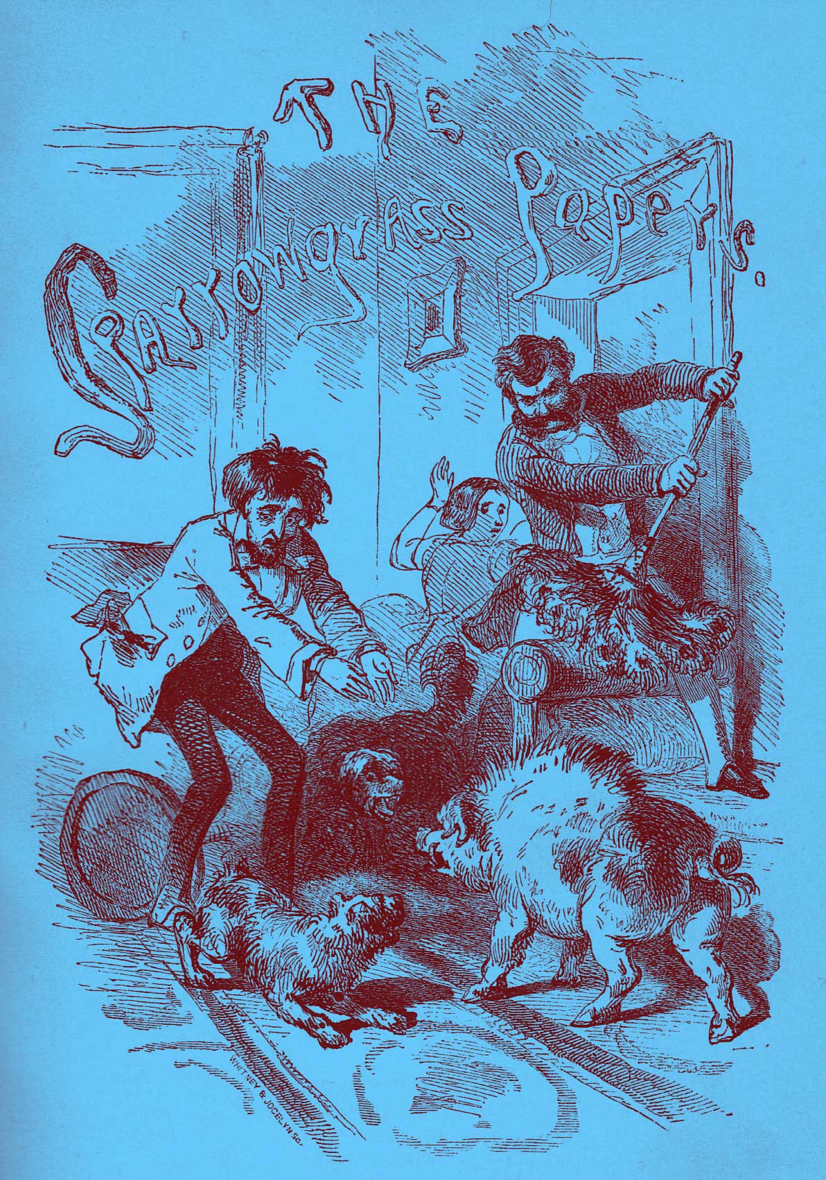 Cartoon Engraving of a man standing staring in horror and holding out his hands at a bristling boar with a barking dog to the side, the words The 'Sparrowgrass Papers' float above