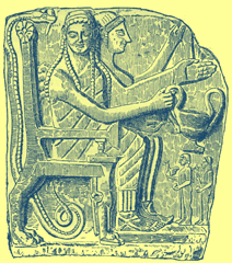 Black and white engraving of a Spartan relief of an early carving of a large man and a woman seated.  The woman with long curly tresses is holding a double-handled vase.  In front of them are two smaller figures.  Behind the seat, a snake reaches from the ground, behind the chair, over the top by the heads of the larger figures. 