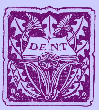 Black and white engraving of the printer’s logo,  pattern of stylized dandelions, with leaves,around an open book with the word DENT, on the blank pages; for the publishing house of J. M. Dent & Sons.