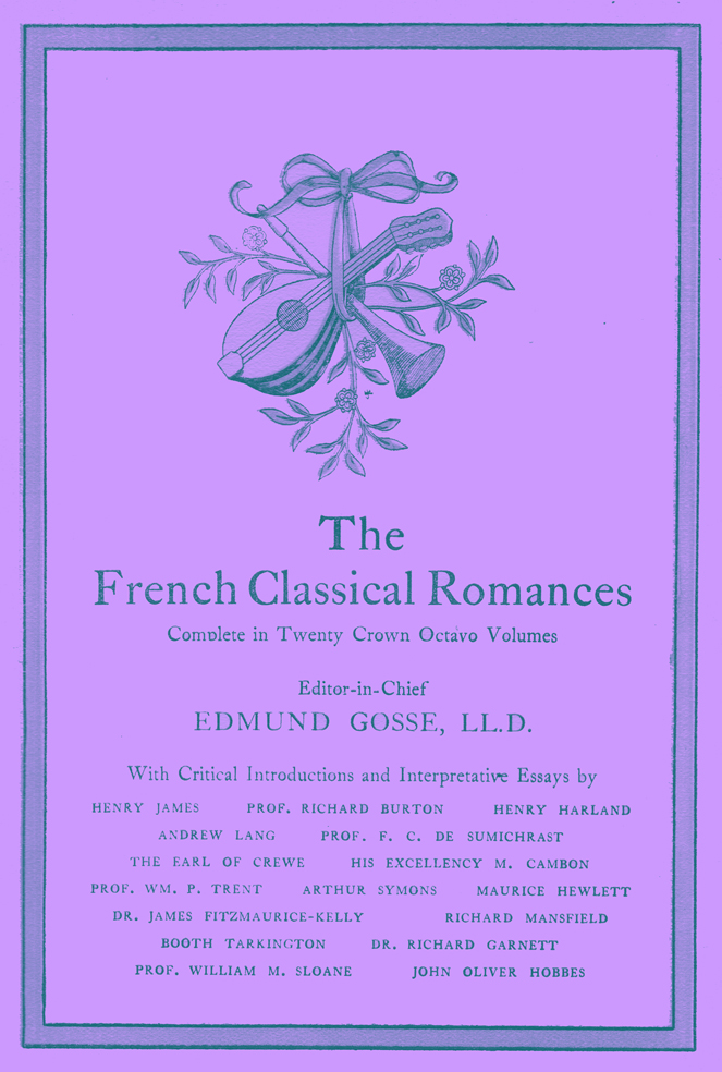 Title Page for the French Classical Romance Series.  It has, originally, a gold border and a centerpiece of a mandolin and flute suspended by a ribbon.