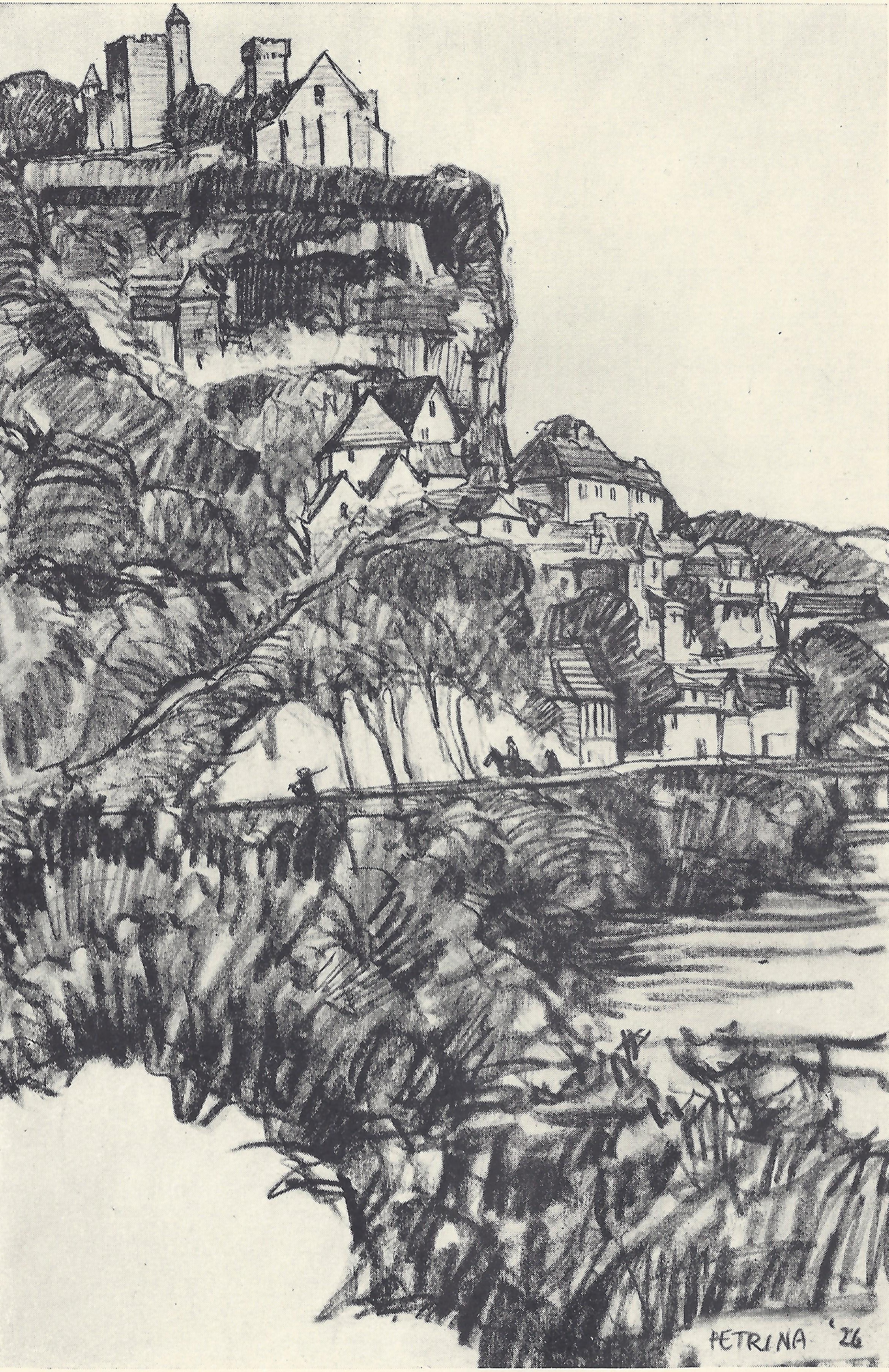 Black and white drawing by Giovanni Petrina of the town of Péacrigueux, on a mountainside.