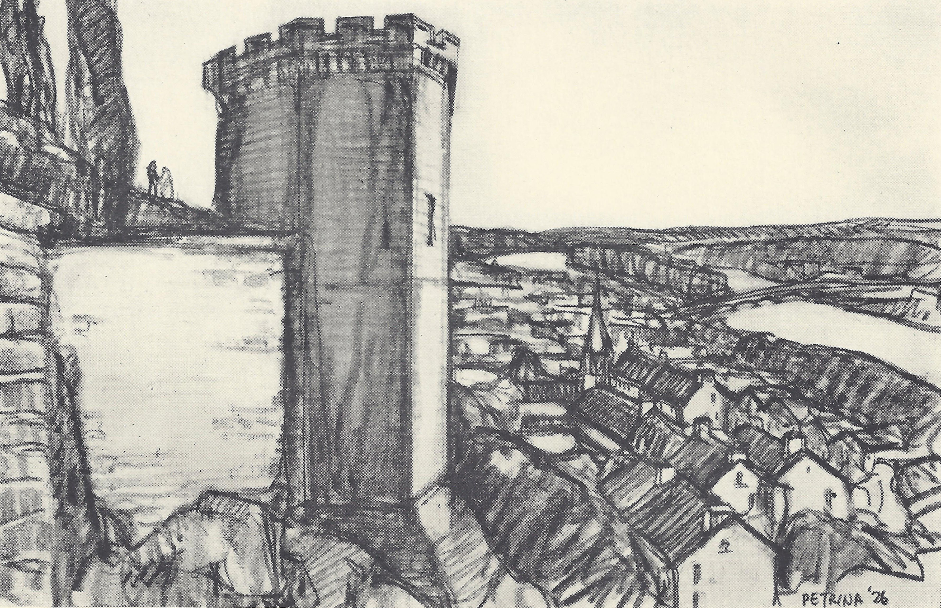 Black and white drawing by Giovanni Petrina of the corner of Chinon, a medieval castle with a round crenellated tower, on a hill with houses below it, on a flat plain, along a river.