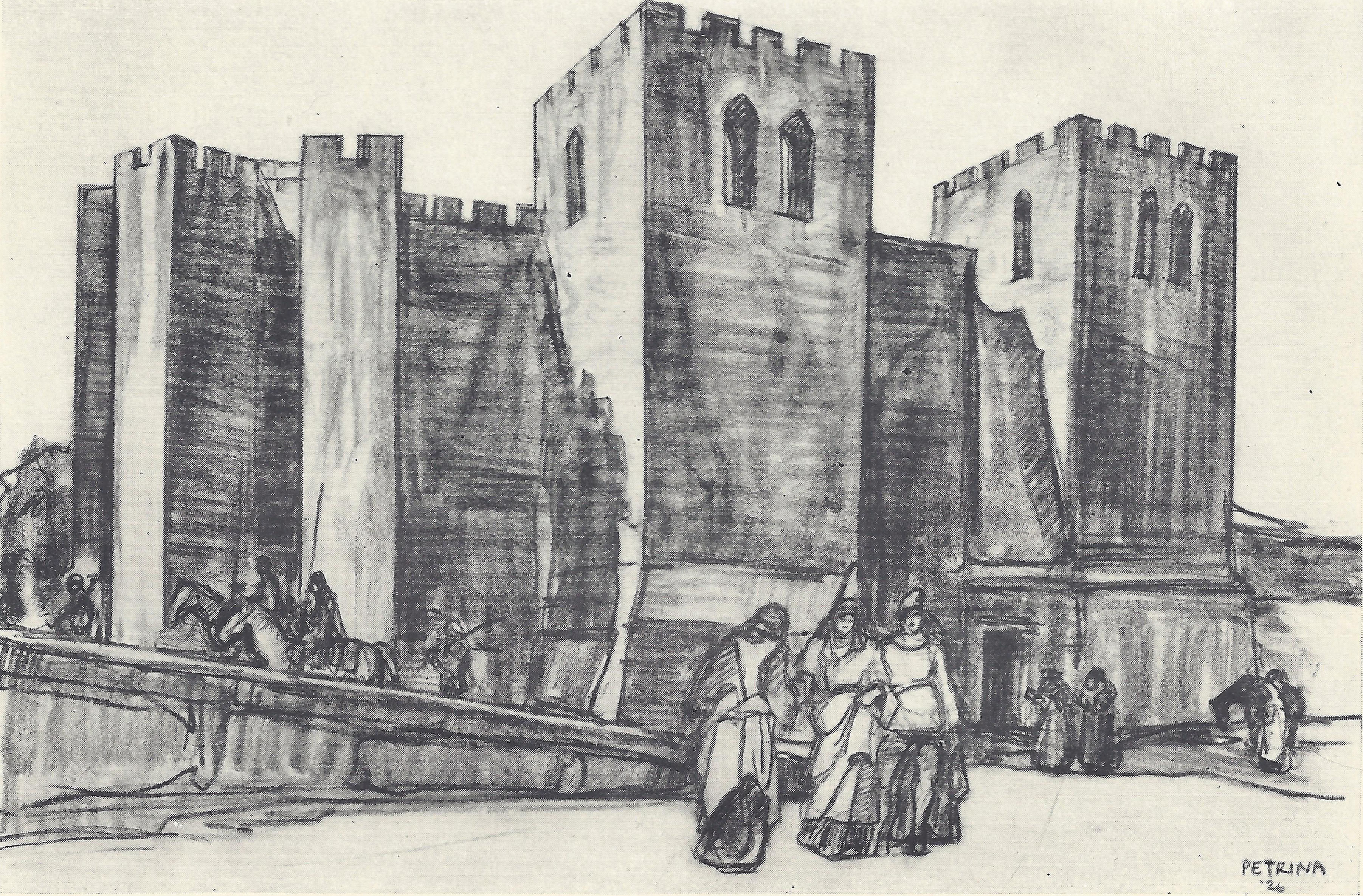 Black and white drawing by Giovanni Petrina of the medieval castle of Marseilles, with three women standing in front of it in long gowns, and some people standing and two people on horseback ascending a ramp by it between them and the castle.