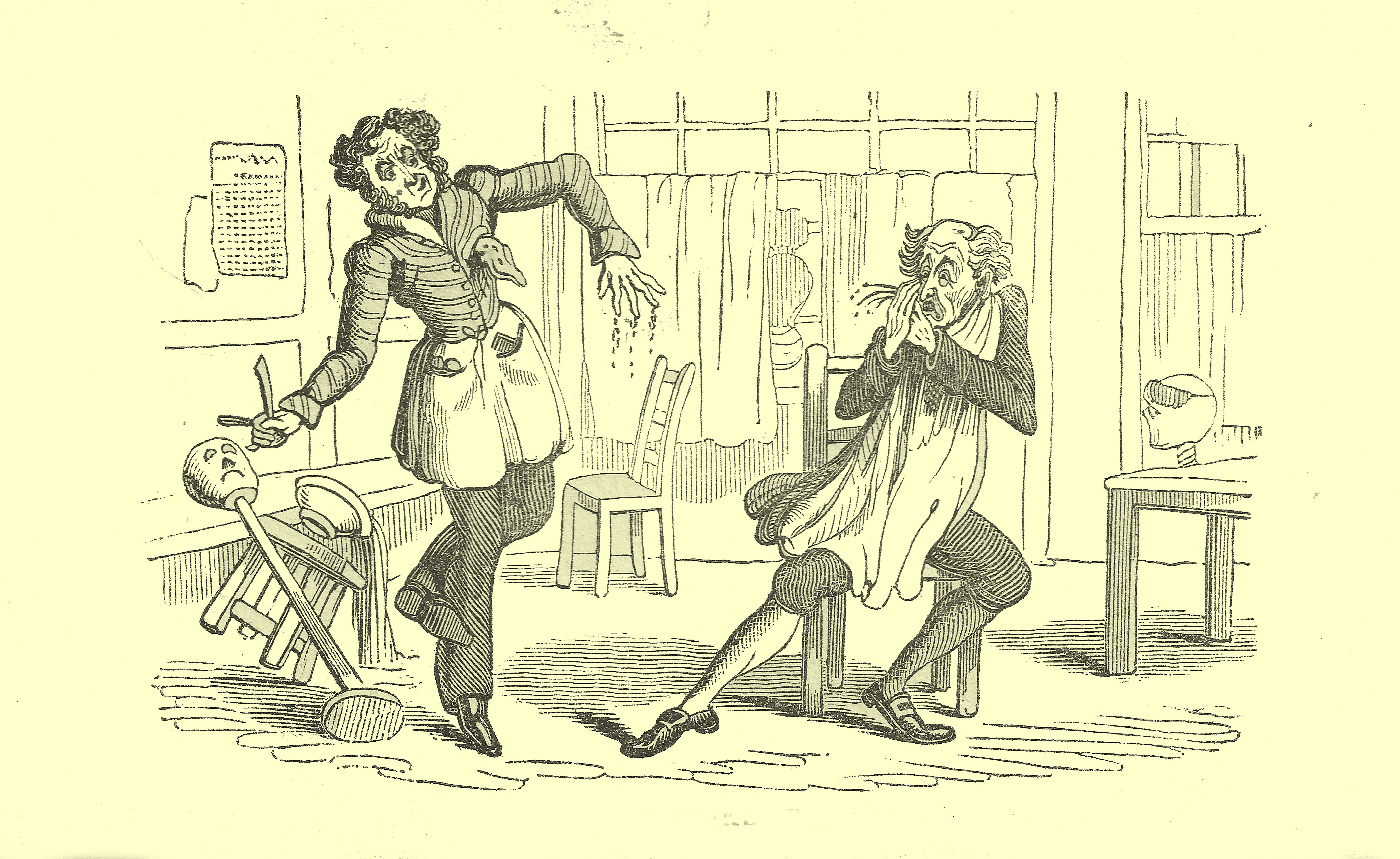 Comic engraving of a man seated in a chair, leg extended, holding his bloody cheek, with a barber in a fitted striped jacket, holding a razor, looking at him.