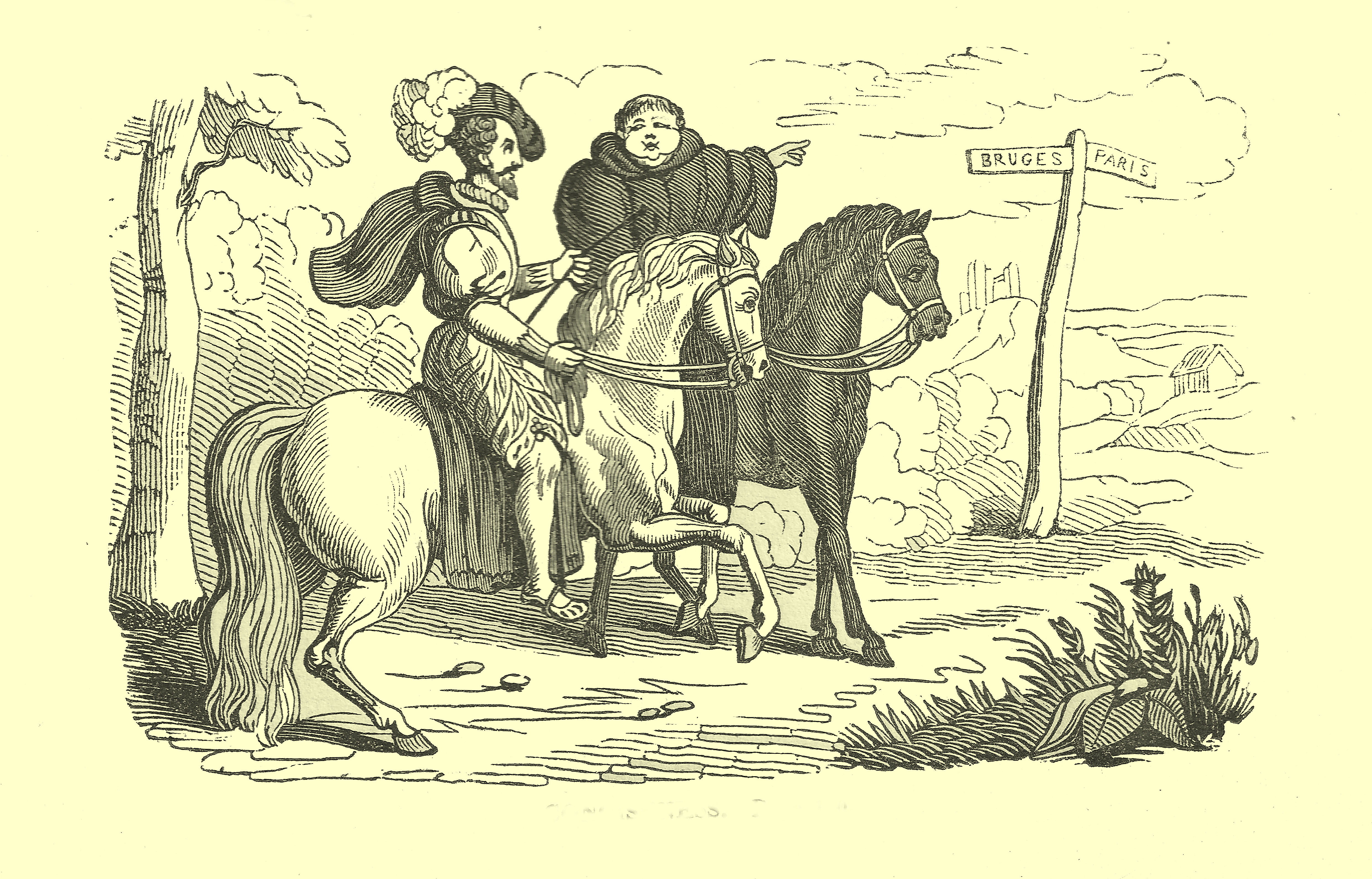 Comic engraving of two people on horses in the road: a fat tonsured monk, who is talking to a thin man with a small hat with a large plume, and a pointed beard, wearing short knee-length baggy breeches.