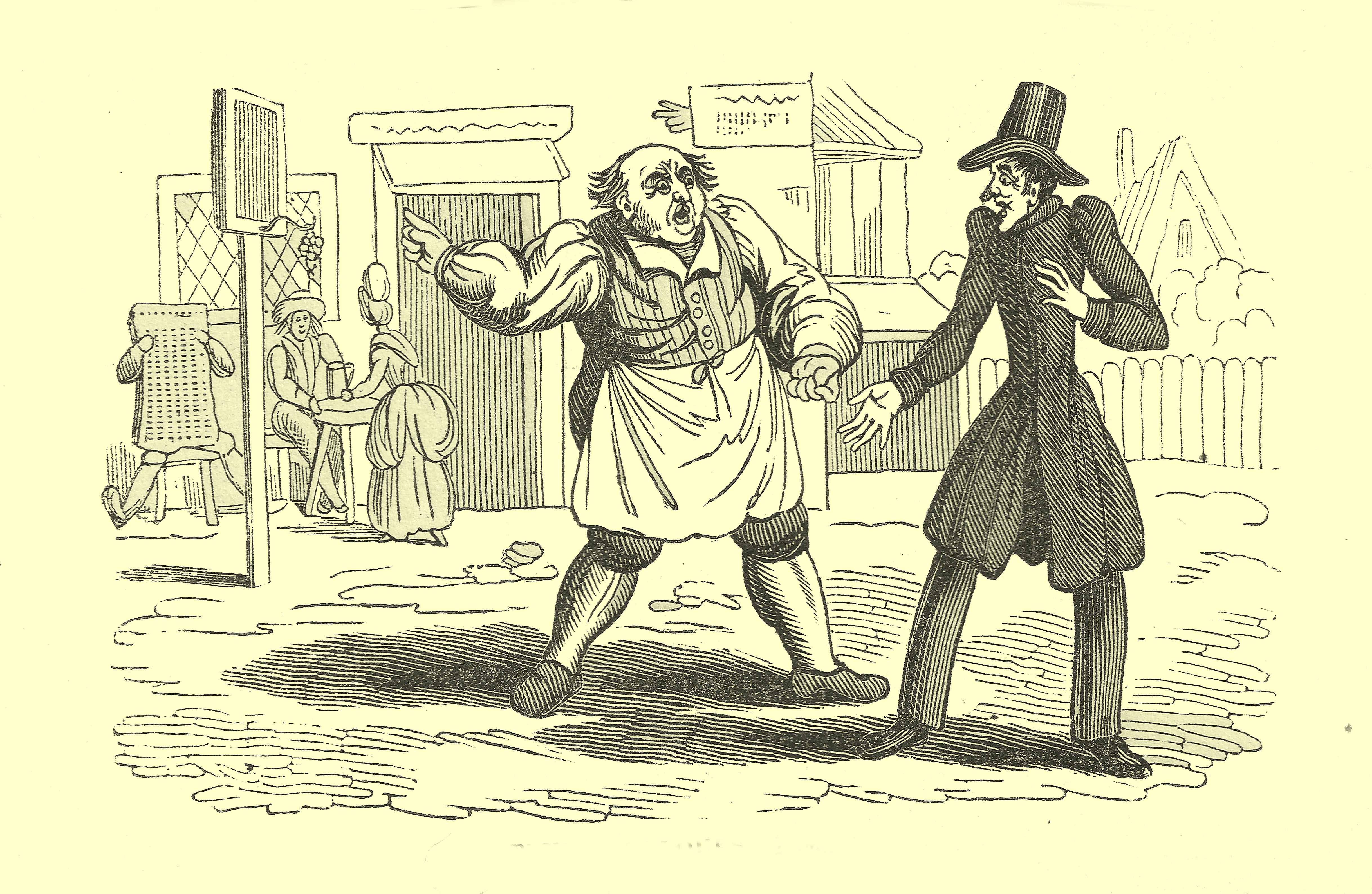 Comic engraving of a city street in the middle of which is a fat tavern keeper, with an apron, talking to a thin, tall man, dressed in a black frockcoat and tophat.