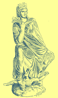 Black and white engraving of Tyche of Antioch, seated with her foot stepping on the shoulder of a man, whose torso is coming out of the ground at her feet. 