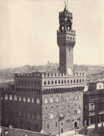 Black and white photograph of Palazzo Vecchio, Italy, thirteenth century, taken in the late 19th century.