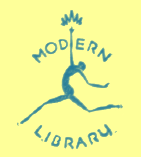 A colorized black and white engraving of  center of the decorated front papers of the text, with the profile of a stylized nude runner in profile, running to the left (as you look at the pae) raising a torch, surrounded by the word 'Modern' on top and 'Library' on the bottom.