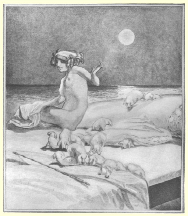 Picture of a seated nude girl on a bed with a flock of sheep in huddles on it as well, the full moon is in the background, by Marquis de Bayros.