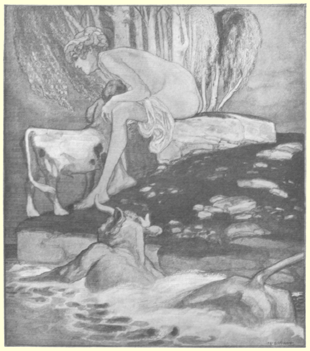 Picture of a naked woman seated on a rock, nursing a young half-boy, half-cow, with a bull swimming in a pond looking on.