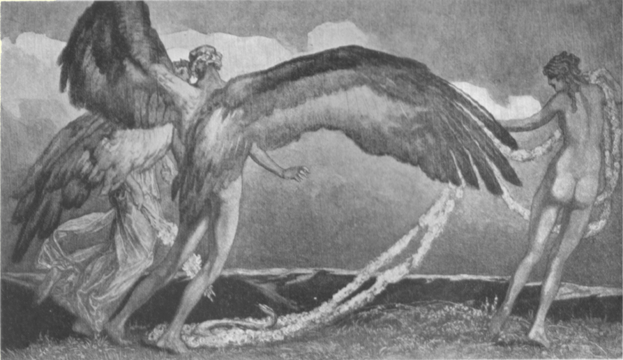 A picture of a male nude with huge wings, advancing on a nude female with a long garland in her hand, by Marquis de Bayros.