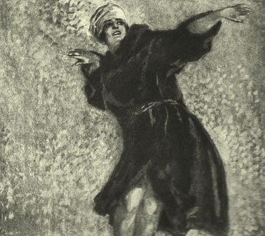 Black and white lithograph by the Marquis de Bayros, of a woman in a knee length black robe wearing a turban, or scarf wrapped tightly around her head.  One arm is extended forward and the other is flexed by her head, as if she were dancing.