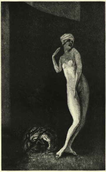 Black and white lithograph by the Marquis de Bayros, of a nude woman, in the dark, wearing a turbin or tight scarf on her head, with her hand up in the air and the other on ther thight, before a small tunnel with branches before it and a light gleaming in its depths.