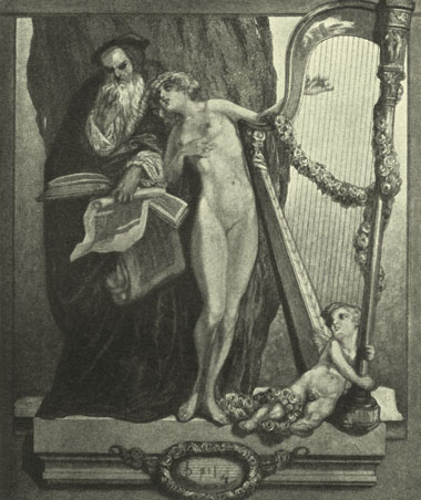 A Black and White Lithograph of a painting by the Marquis de Bayros, of a nude woman standing by a harp taller than she is.  A man with black robes and a beard is behind her holding a scroll.  There is a cherub lying on the groun dholding the side of the bottom of the harp.